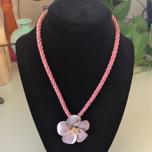 Sterling silver pink enamel flower pendant necklace silk cord 16" feminine